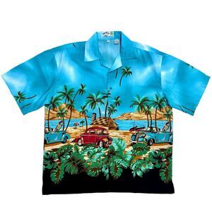Memos World Wide Hawaiian Button‎ Up Shirt Mens XXL Nostalgic Cars Palm Tree